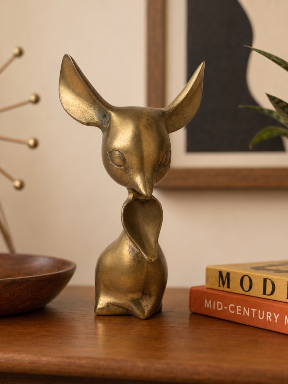 Vintage MCM Brass Animal Figurine Abstract Mouse Atomic Decor Desk Office